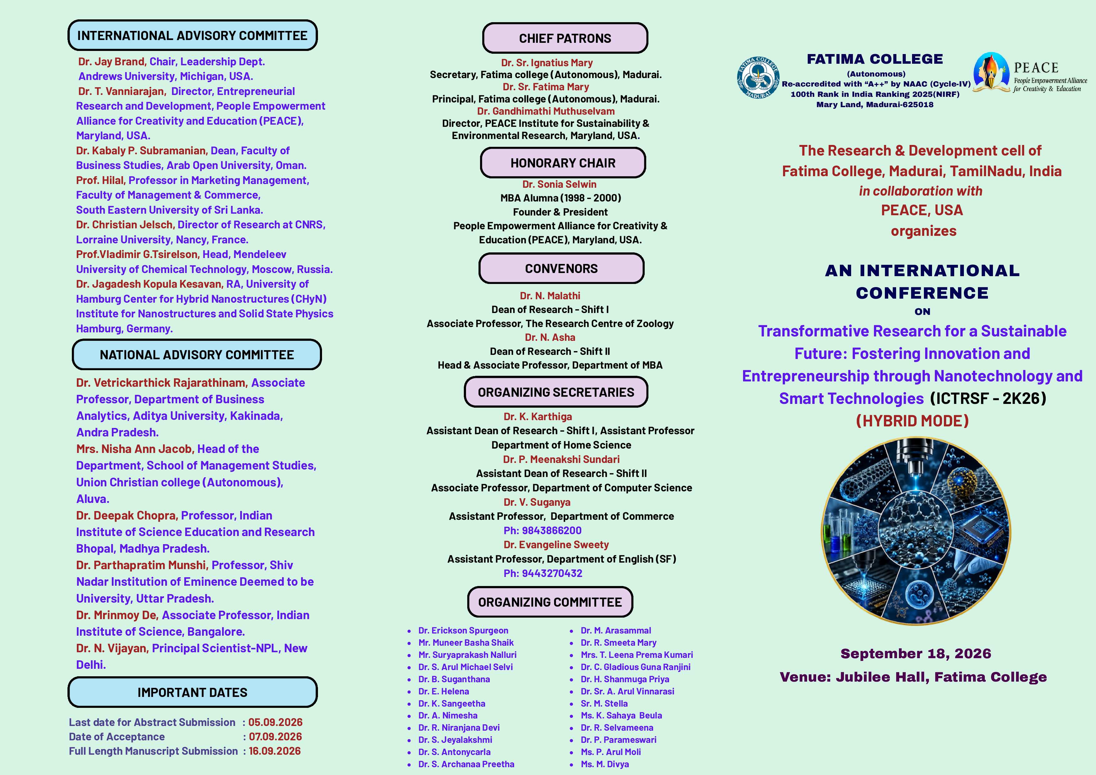 ICTRSF 2026 brochure panel — patrons, convenors, organising committee and advisory committee