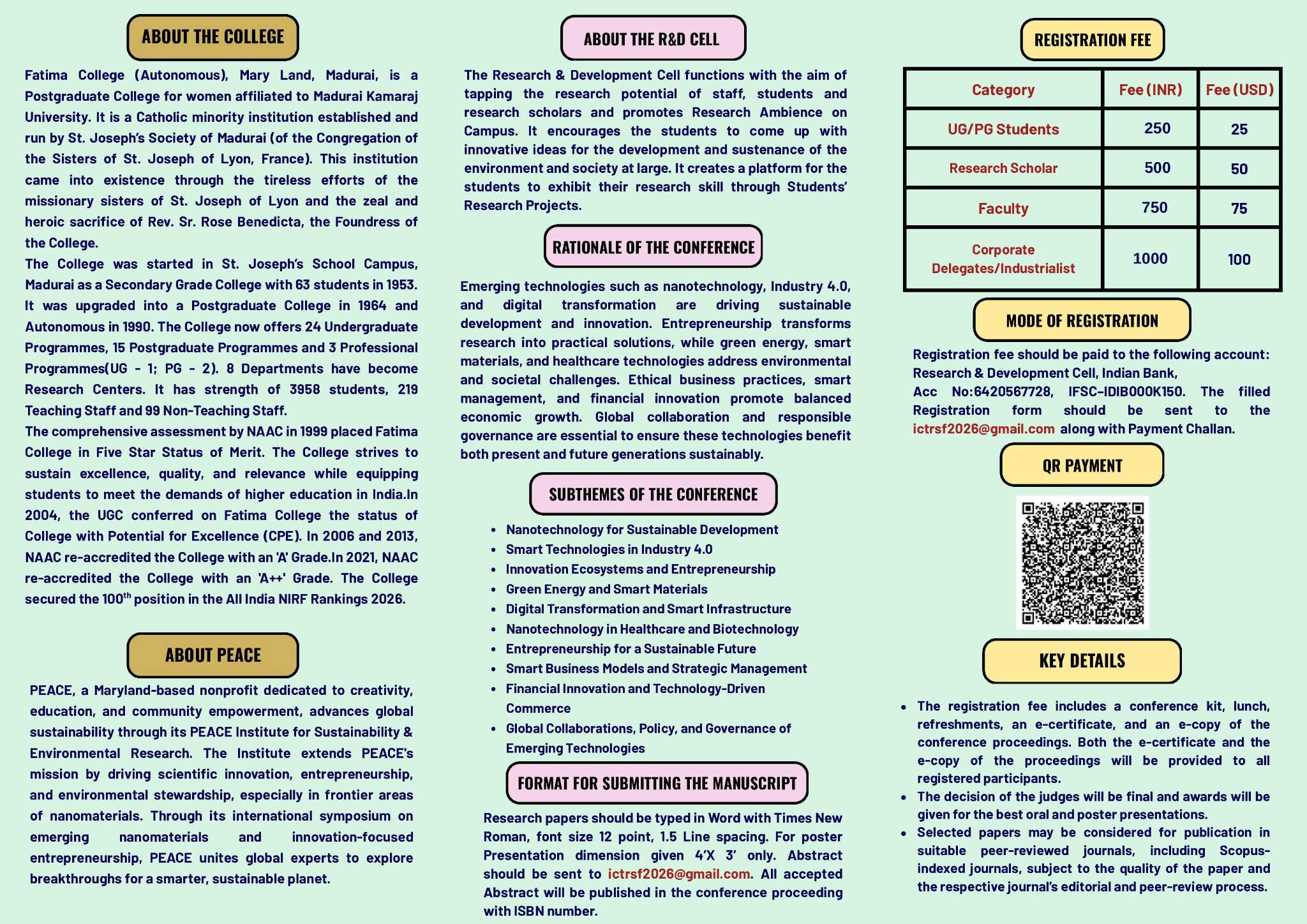 ICTRSF 2026 brochure panel — about the college, R&D cell, rationale, subthemes and registration fee